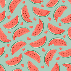 Juicy watermelon slices with small hearts seamless pattern. Summer fruit vector illustration. Tropical fruit background for Valentines day, baby fabric, kids textile, packaging, wrapping, scrapbook