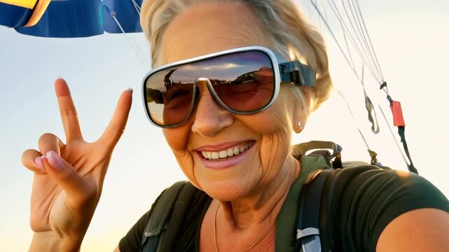 Older woman enjoying a joyful parachute jump over scenic landscapes at sunset