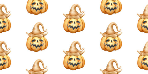 Watercolor seamless Halloween pattern with orange smiling spooky pumpkins on the background. Holiday background for wrapping paper, fabric, textile, scrapbook..