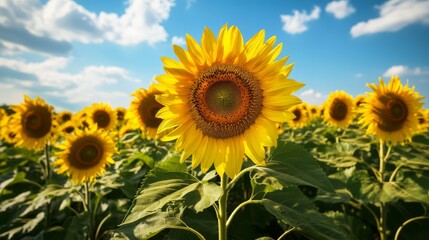 A vibrant yellow sunflower in a field of sunflowers under a bright blue sky.