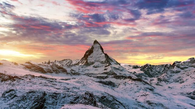 Time lapse of Matterhorn mountain at sunset, Switzerland.