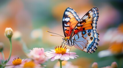 Fototapeta premium A close-up shot capturing the intricate details of a vibrant, colorful butterfly delicately perched on a wildflower in full bloom