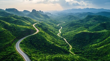 An aerial view of a winding mountain road snaking through a dense forest, with the vibrant greens of the trees contrasting against the rugged terrain
