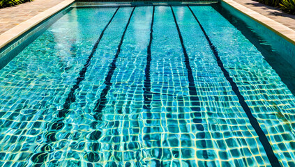 Obraz premium A serene turquoise pool with palm leaf shadows dancing on crystal-clear water, surrounded by lush tropical greenery, creating a tropical and tranquil atmosphere under the sun. 