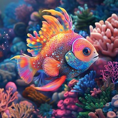 Colorful Coral Fish in a Tropical Underwater World Capture a tilt angle view of a colorful coral fish in a vibrant reef setting, rendered in a realistic digital illustration