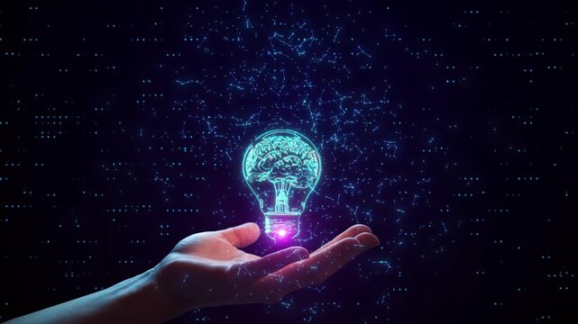 Man Holding A Light Bulb With Brain. Idea Technology Digital Animation Background. Brain Inside The Light Bul And Men Holding On Glowing Digital Background.  Futuristic Ai Technology Background.