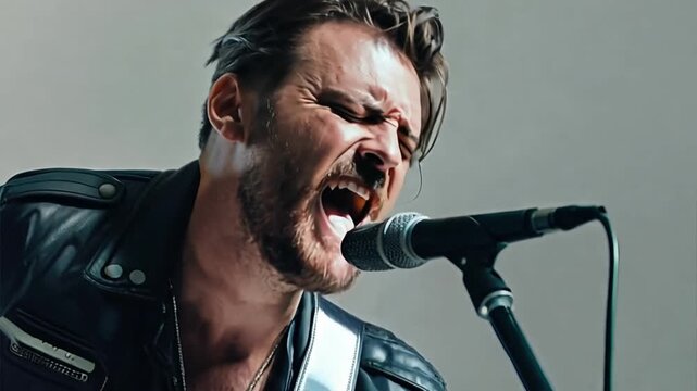 Raw Passion: A close-up shot of a passionate rock vocalist, eyes closed, belting out a raw and emotional performance, capturing the energy and intensity of live music. The microphone stands out agains