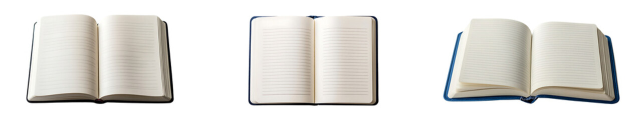 open notebook with perfectly lined pages set against a white or transparent background