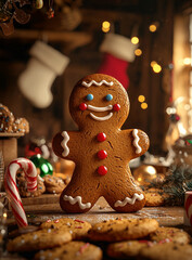 Gingerbread man, studio portrait, big smile, candy button eyes, cozy kitchen, freshly baked cookies, candy canes, holiday decorations