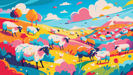 Colorful Rural Landscape with Playful Sheep and Rolling Hills