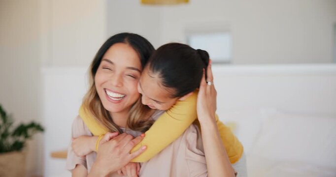 Face, home and hug with mother, girl and happiness with love, bonding together and family. Apartment, relax and mama with kid, childhood and embrace with support, affection and cheerful with moment