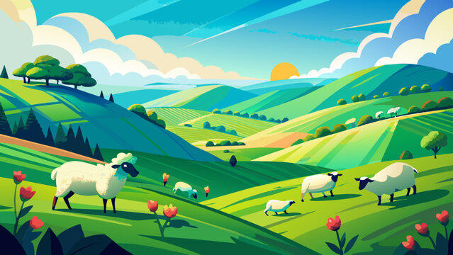 Idyllic Pastoral Landscape with Grazing Sheep and Rolling Hills