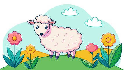 Obraz premium Colorful Cartoon Sheep in Spring Meadow Illustration