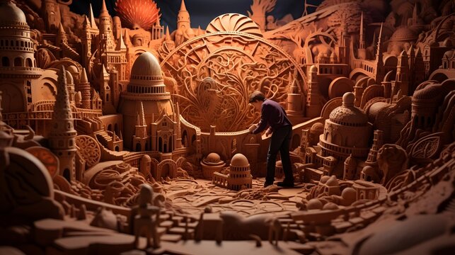 A man stands in front of a monumental sculpture.