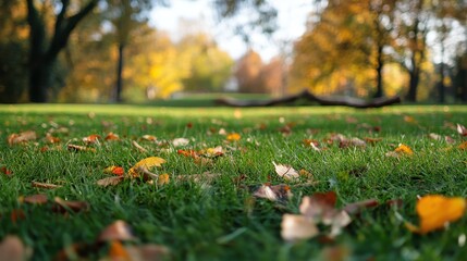 A serene autumn landscape with fallen leaves on green grass.