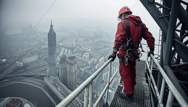 A man in a red jumpsuit is standing on a metal platform above a city. The man is wearing a harness and he is in a dangerous situation. Concept of danger and risk