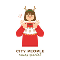 Christmas-themed character illustration. Young woman wears antlers-styling head accessory and Christmas sweater showing happy, surprised and cheerful expressions.  Xmas party people.
