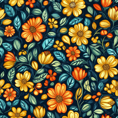 Seamless floral pattern with bright yellow and orange flowers and teal leaves on a dark blue background, creating a vibrant and cheerful design.
