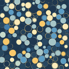 Abstract seamless pattern with circular shapes in shades of blue, yellow, and white on a dark blue background, creating a dynamic and modern design.