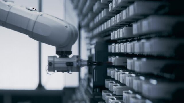 Close-up of Robotic Arm at Datacenter Cleanroom with Automated Enterprise Data Management and Storage Solution. Futuristic Storage and Handling Room with High Precision Robot Arm at High-Tech Factory.