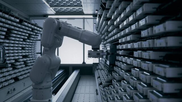 Inside Datacenter. Cleanroom with Automated Enterprise Data Management and Storage Solution with High Precision Robot Arm. Futuristic Storage and Handling Room with Robotic Arm at High-Tech Factory.