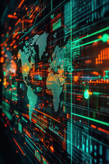 AI Global economic,  Intricate close-up of a digital world map highlighting economic zones. Holographic icons and graphs hover, revealing trade statistics and economic indicators.