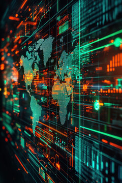 AI Global economic,  Intricate close-up of a digital world map highlighting economic zones. Holographic icons and graphs hover, revealing trade statistics and economic indicators.