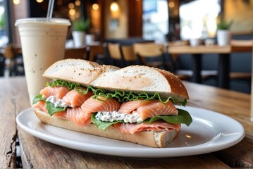 Delicious salmon cream cheese sandwich on a wooden table in a restaurant with copy space.