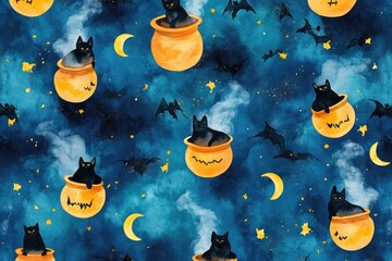 A whimsical pattern featuring black cats in orange pots among stars and moons, perfect for Halloween-themed designs.