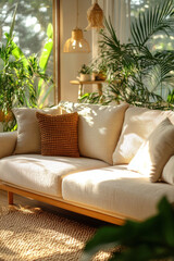 Environmental Friendly Sofa,  Eco-friendly sofa made from recycled materials, showcased in a cozy living room setting with indoor plants, soft lighting, and a natural decor style.