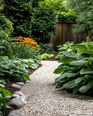 A serene garden path lined with vibrant flowers and lush greenery, perfect for a peaceful stroll in nature.