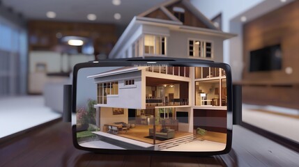 A virtual real estate tour, with a VR headset showing prospective buyers a walkthrough of a house, featuring detailed interiors and layouts.