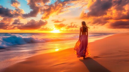 woman standing on a sandy beach with a look of awe as she gazes at a stunning sunset over the ocean