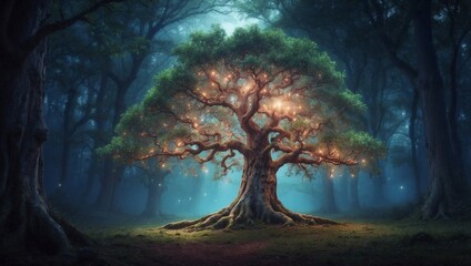 Fototapeta premium A tree with many lights in it is standing on a small island.