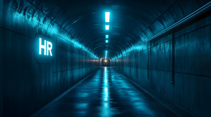 A futuristic tunnel illuminated with blue lights, featuring an HR sign, creating a mysterious and intriguing atmosphere.