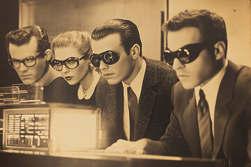 retro-styled image of scientists in formal wear with glasses working together on a research project