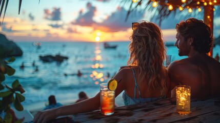 Young couple at a tropical beach bar, enjoying refreshing drinks with slices of lime