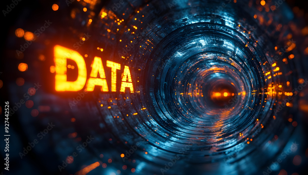 Poster a futuristic tunnel showcasing vibrant data streams with glowing text, representing advanced technol
