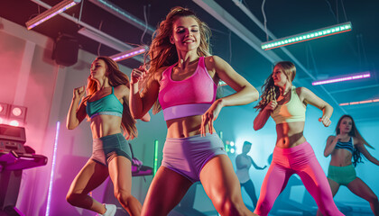 A group of women are dancing in a brightly lit room. Scene is energetic and fun
