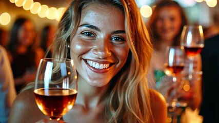 A collection of varied friends or individuals dressed casually, grinning broadly, raising a glass of wine, and raising a toast to a party celebration at a comfortable home