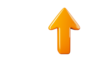 Shiny orange upward arrow isolated on white background, 3D rendering. Concept of direction, rise, growth, uptrend, and way