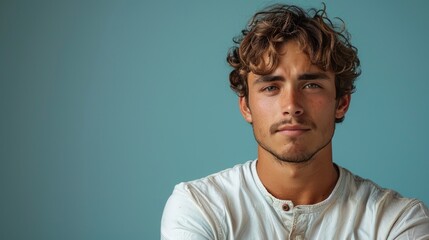 Obraz premium Young man expressing relief standing against a solid studio background