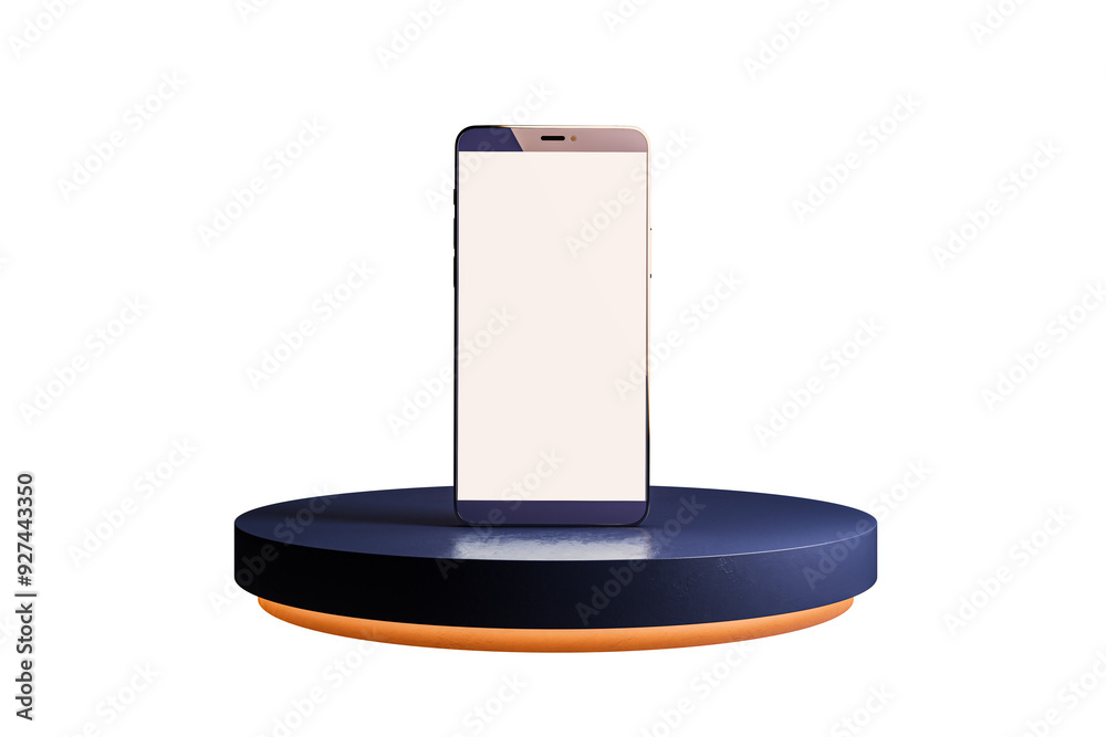 Aufkleber A smartphone with a blank display is placed on a round podium isolated on a white background. Modern design concept. 3D Rendering