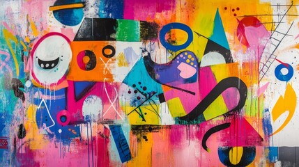 Abstract colorful wall art with geometric shapes and splashes of paint.