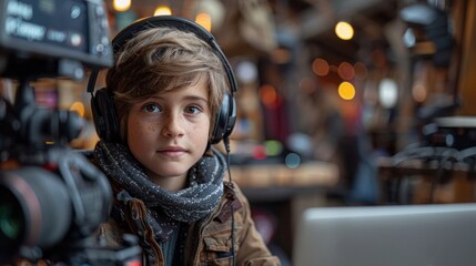 Young boy blogger sitting at a desk with a laptop, filming a vlog with enthusiasm