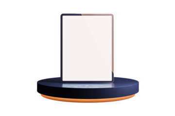 Digital tablet on a round podium with a white background. Modern design concept for digital device presentation. 3D Rendering