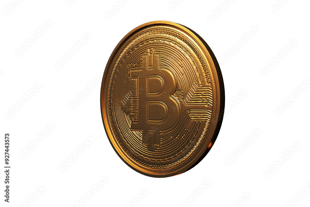 Aufkleber Golden Bitcoin coin isolated on a white background. 3D rendering of cryptocurrency concept. Clean and detailed design element