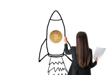 Businesswoman drawing a rocket with a bitcoin symbol on a white background. Concept of digital currency, startup success, and business strategy