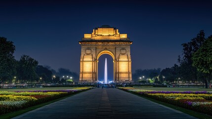 Serene view of the India Gate illuminated at night, with beautifully landscaped gardens in the foreground