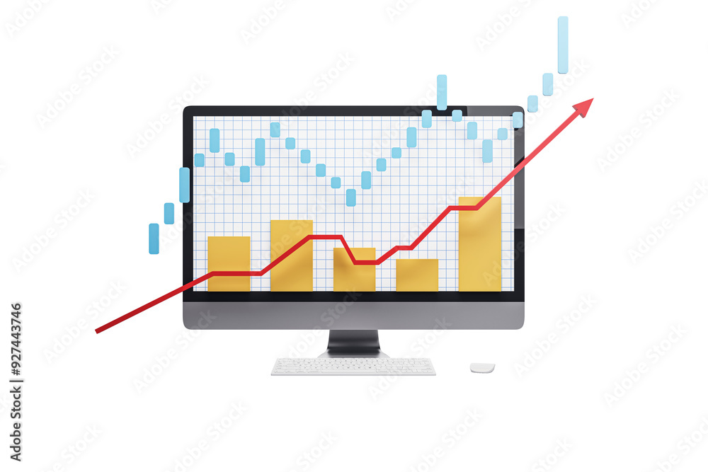 Poster computer screen shows forex trading graphs and candlestick charts, yellow bars, red upward arrow on 
